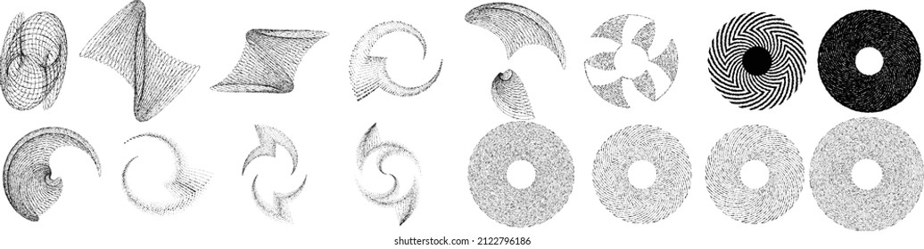 Big set of lines in various shape . Spiral Vector Illustration .Big collection of round Logos . Rouhgen edges . Abstract Geometric circular shapes .Rotating radial lines collection. Concentric circles