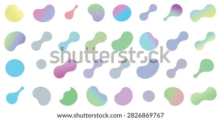 Big set of liquid fluid blob shapes with pastel gradient colors isolated on white background. Vector organic amoeba drop elements for modern abstract graphic design.
