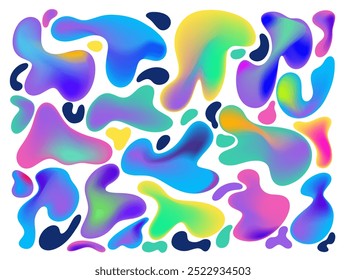 Big set of liquid organic shapes, irregular form. Template simple freeform, vector asymmetric blob. Random deformed abstract figures, uneven blots. Color wavy spots or fluid amorphous splodges.