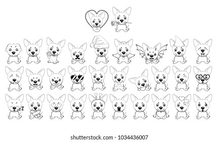 big set of little dogs with different emotions and objects painted with black lines on a white background. dog American Naked Terrier