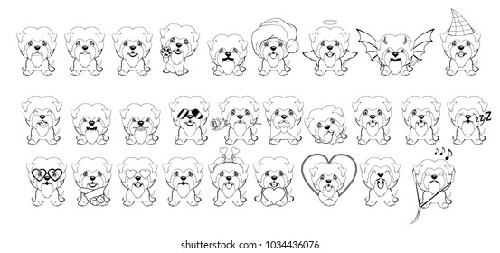 big set of little dogs with different emotions and objects painted with black lines on a white background. dog Affenpinscher sitting.