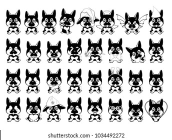 big set of little dogs with different emotions and objects painted with black lines on a white background. German Shepherd.