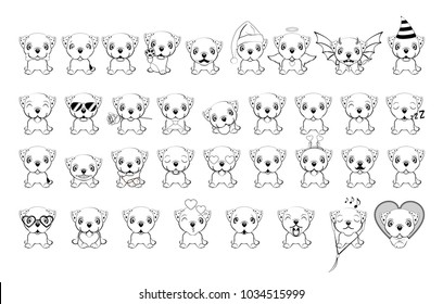 big set of little dogs with different emotions and objects painted with black lines on a white background. Bulldog -  illustration. English bulldog. 