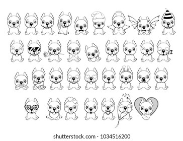 big set of little dogs with different emotions and objects painted with black lines on a white background. Dogo Argentino dog sitting flat design. 