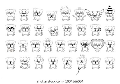 big set of little dogs with different emotions and objects painted with black lines on a white background. american bulldog puppy. 