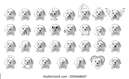 big set of little dogs with different emotions and objects painted with black lines on a white background. Dog puppy english setter.