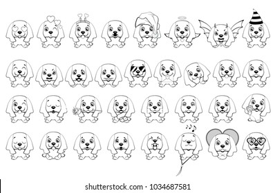 big set of little dogs with different emotions and objects painted with black lines on a white background. dog American Cocker Spaniel sitting