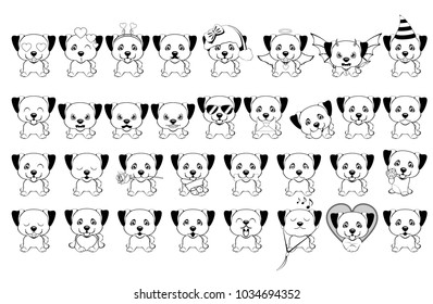 big set of little dogs with different emotions and objects painted with black lines on a white background. Anatolian Shepherd Dog. 