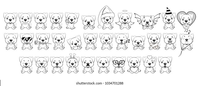 big set of little dogs with different emotions and objects painted with black lines on a white background. American pitbull terrier.