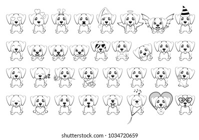 big set of little dogs with different emotions and objects painted with black lines on a white background. Arabian Greyhound.