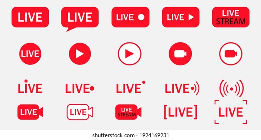 Big set of live streaming vector icons. Red symbols and buttons for broadcasting, livestream or online stream. Design template for tv, online channel, live breaking news, social media, shows, movies 
