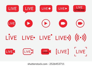 Grande conjunto de ícones de vetor de streaming ao vivo. Símbolos e botões vermelhos para transmissão, transmissão em direto ou online. Modelo de design para tv, canal online, notícias de última hora ao vivo, mídia social.