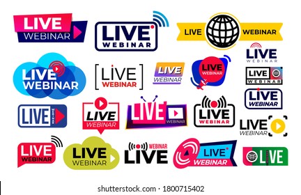 Big set of live webinar colored button, icon, emblem label. Simple element illustration concept. Vector illustration. Isolated on white background.