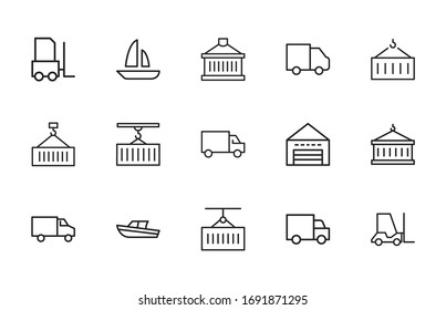 Big set of logistic line icons. Vector illustration isolated on a white background. Premium quality symbols. Stroke vector icons for concept or web graphics. Simple thin line signs. 
