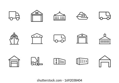 Große Auswahl an Symbolen für logistische Linien. Vektorillustration einzeln auf weißem Hintergrund. Symbole in Premium-Qualität. Schlagt Vektorsymbole für Concept- oder Web-Grafiken. Einfache Dünnzeilenzeichen. 