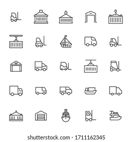Gran conjunto de iconos logísticos de línea. Ilustración vectorial aislada en un fondo blanco. Símbolos de calidad superior. Iconos vectoriales de trazo para conceptos o gráficos web. Sencillas señales de línea delgada. 