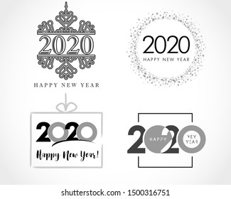 Big set of logo 2020 text design in black colors. Collection of Happy New Year label and happy holidays template greeting card. Vector illustration isolated on white background