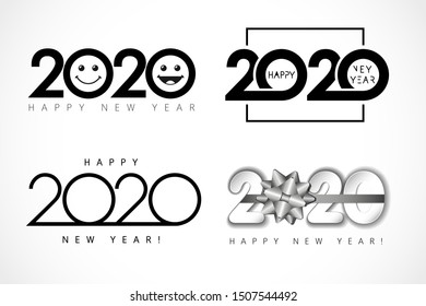 Big set of logo 2020 text design with smile and silver bow. Collection of Happy New Year label and happy holidays template greeting card. Vector illustration isolated on white background