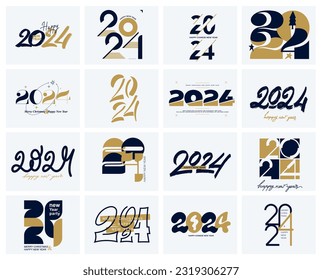 Gran conjunto de diseños de número de logo para la celebración de Feliz Año Nuevo 2024 con el concepto de oro, etiquetas azules. Diseño vectorial premium para celebración, invitación o saludo, afiche. Decoración de símbolos navideños.