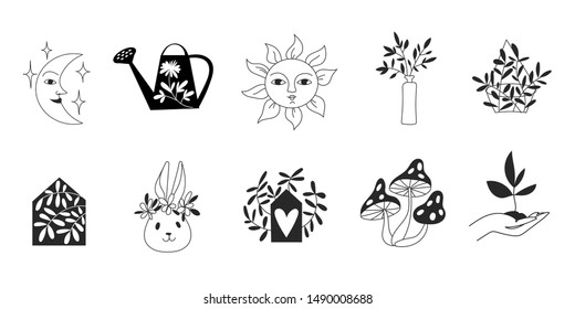 Big set of logo templates in line art and silhouette design with nature elements. Modern style logo line art  designs in black and white. Scandinavian doodle style. 