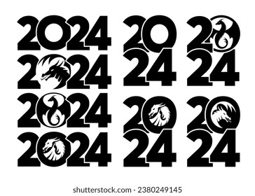 Big Set of logos 2024 with dragons. Icon with the symbol of the year. Simple, modern, black and white illustration. Chinese New Year.