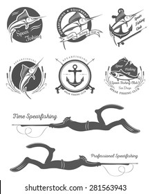 Big set of logos, badges, stickers and prints spearfishing isolated on white background. Premium vector label for spearfishing and underwater swimming - Stock Vector