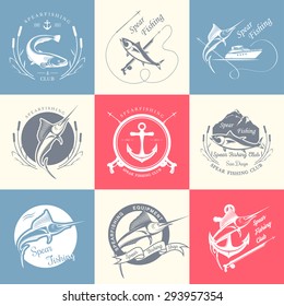 Big set of logos, badges, stickers and prints spearfishing. Premium vector label for spearfishing and underwater swimming - Stock Vector