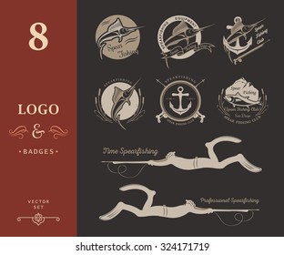 Big set of logos, badges, stickers and prints spearfishing on isolated background. Premium vector label for spearfishing and underwater swimming - Stock Vector