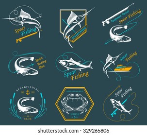 Big set of logos, badges, stickers and prints spearfishing isolated on white background. Premium vector label for spearfishing and underwater swimming - Stock Vector