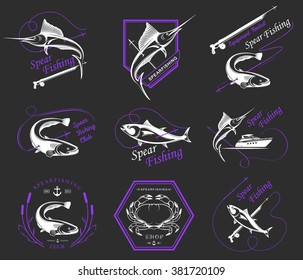Big set of logos, badges, stickers and prints spearfishing isolated. Premium vector label for spearfishing and underwater swimming - Stock Vector