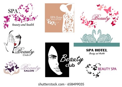 Big set of logos for beauty salons, spa, cosmetology, beauty blogger. Girl face emblems, butterflies, flower, cosmetics, swans, heart.Vector illustration