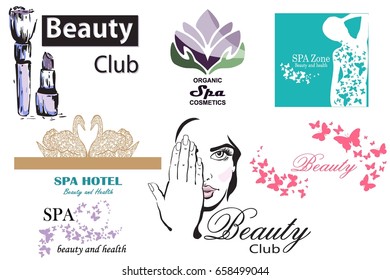 Big set of logos for beauty salons, spa, cosmetology, beauty blogger. Girl face emblems, butterflies, flower, cosmetics, swans, heart.Vector illustration
