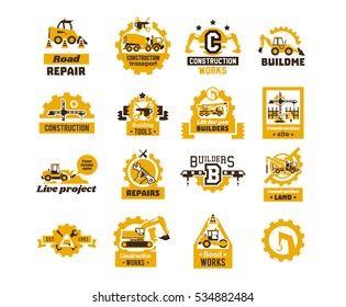 Big set of logos on the theme of construction. Building machinery, transport, professional equipment and tools. Asphalt processing works. Excavator, tractor, truck, crane. Isolated on background 