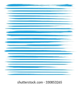 Big set of long blue textured strokes on white background