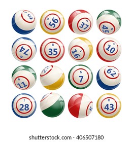 Big Set of Lottery Bingo Keno Billiard Balls. Vector illustration of Bingo Balls isolated on white. Bingo or lottery balls with numbers. Colorful Bingo illustration.