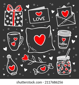 Big set of love doodles icons on black background. Cute hand drawn elements, vector illustration. Potion, hearts, coffee, gift etc. Design for prints, cards and coloring page. Valentine's day theme.