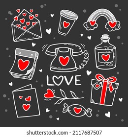 Big set of love doodles icons on black background. Cute hand drawn elements, vector illustration. Potion, rainbow, coffee, etc. Design for prints, cards and coloring page. Valentine's day theme.