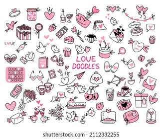 Big set of love doodles for St. Valentine's Day with hearts, flowers, birds, cookies, love letters, rings etc