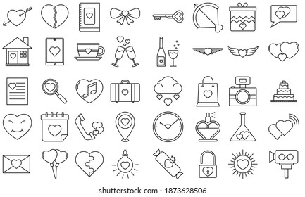 Big set of love romantic valentines day black outline icons. Vector illustration isolated on a white background, for concept or web graphics. flat Simple thin line signs, EPS 10 ready convert to SVG