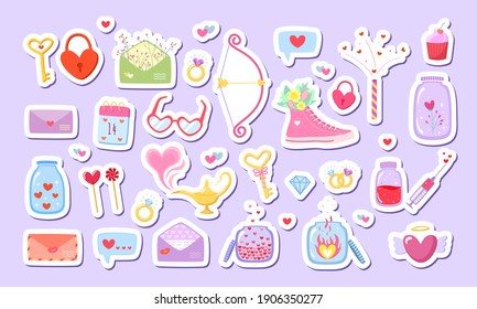 Big set Love stickers in flat style with cute romantic elements. Vector illustration