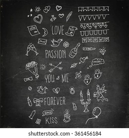 Big set love theme. Hand drawn icons on blackboard. Vector illustration