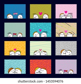 Big set love you hand drawn vector illustration in cartoon style with happy couple, textured background, vibrant colors, valentine's day card romantic