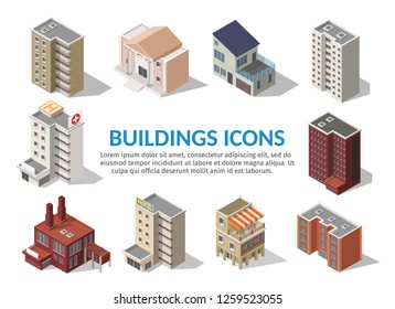 Big set low poly vectors of isometric illustration city street house facades, factory, cafe, school, hospital bank.