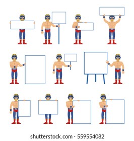 Big set of luchador characters posing with different blank banners. Cheerful wrestler holding paper, poster, placard, pointing to whiteboard. Teach, advertise, promote. Simple vector illustration