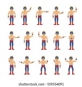 Big set of luchador characters showing different hand gestures. Cheerful wrestler showing thumb up, pointing, greeting, stop, victory sign and other hand gestures. Simple vector illustration