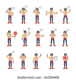 Big set of luchador characters showing different actions, gestures, emotions. Cheerful wrestler talking on phone, holding stop sign, document, book and doing other actions. Simple vector illustration