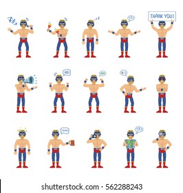 Big set of luchador characters showing different actions, gestures, emotions. Cheerful wrestler singing, sleeping, holding loudspeaker, banner, map and doing other actions. Simple vector illustration