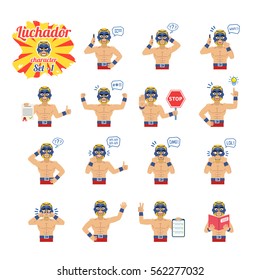 Big set of luchador emoticons showing different actions, gestures, emotions. Cheerful wrestler talking on phone, holding stop sign, document, book and doing other actions. Simple vector illustration