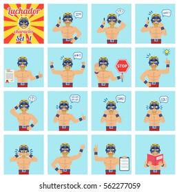 Big set of luchador emoticons showing different actions, gestures, emotions. Cheerful wrestler talking on phone, holding stop sign, document, book and doing other actions. Simple vector illustration