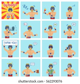 Big set of luchador emoticons showing different actions, gestures, emotions. Cheerful wrestler singing, sleeping, holding loudspeaker, banner, map and doing other actions. Simple vector illustration